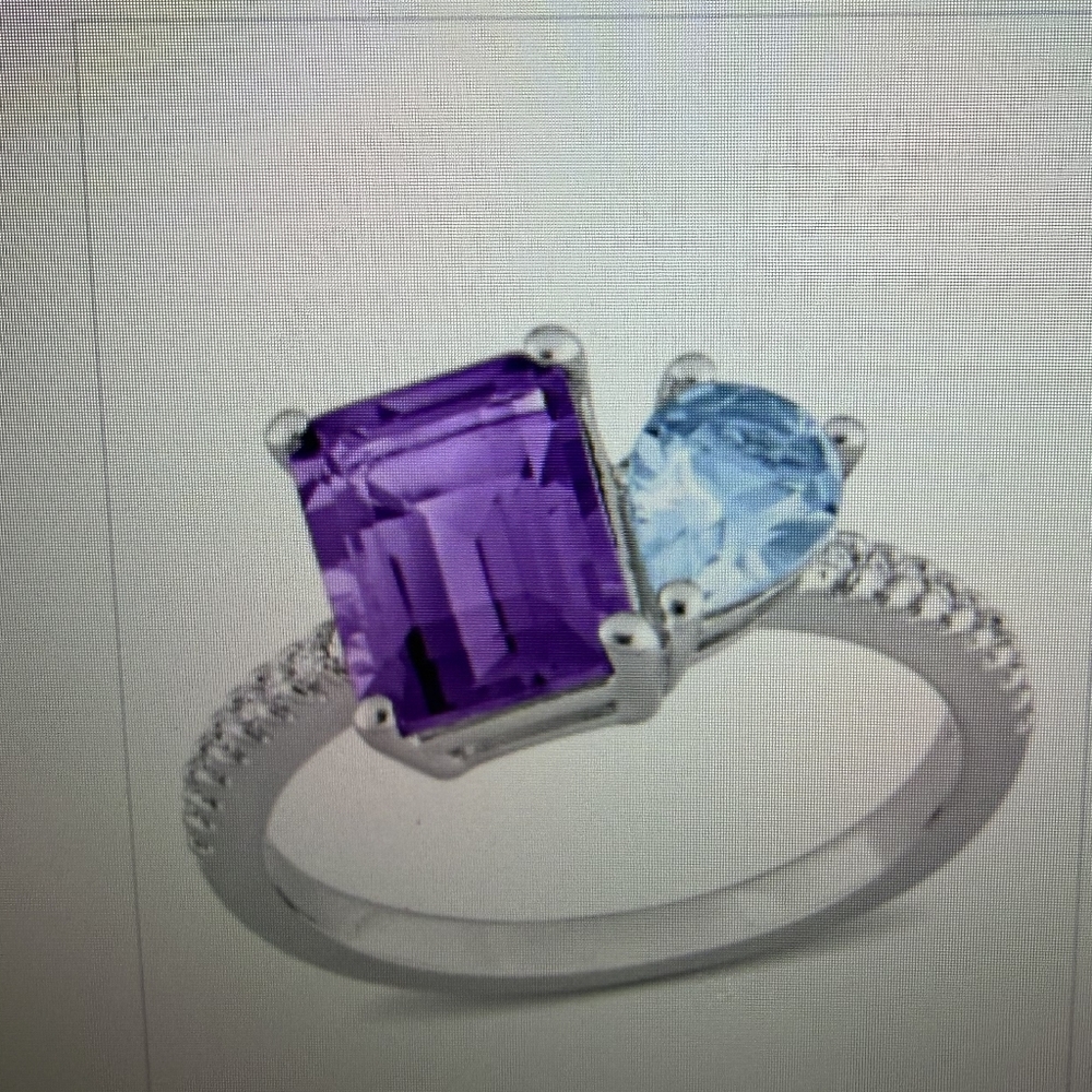 Sky Blue Topaz, Amythest and 1/10 ctw Diamond Gemstone Ring - Picture 1 of 4